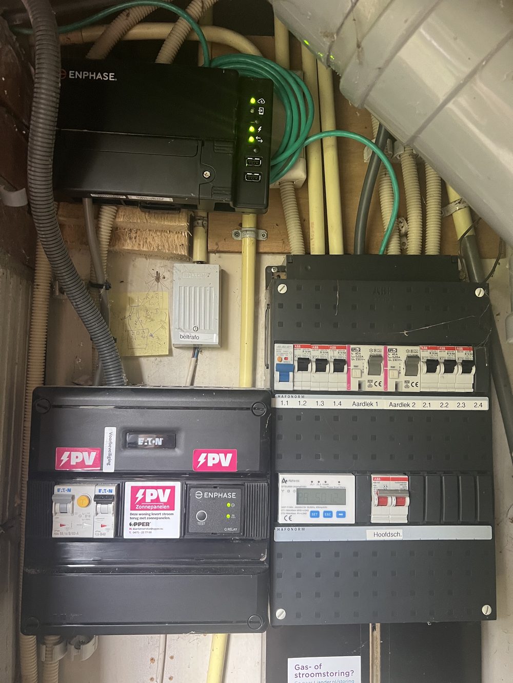 Een meterkast met een Enphase-gateway en gelabelde groepen voor de zonnepanelen